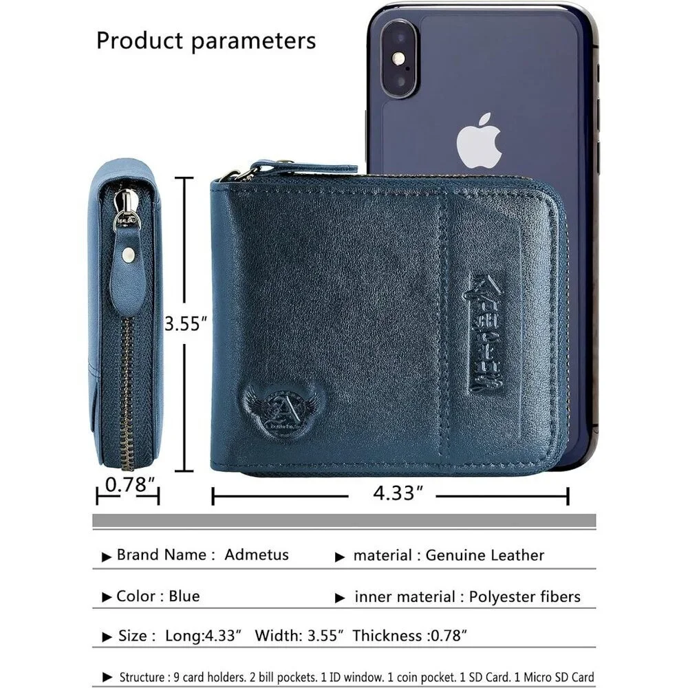 Men's Genuine Leather Navy Blue Short Zip Around Pockets Bifold Wallet Card